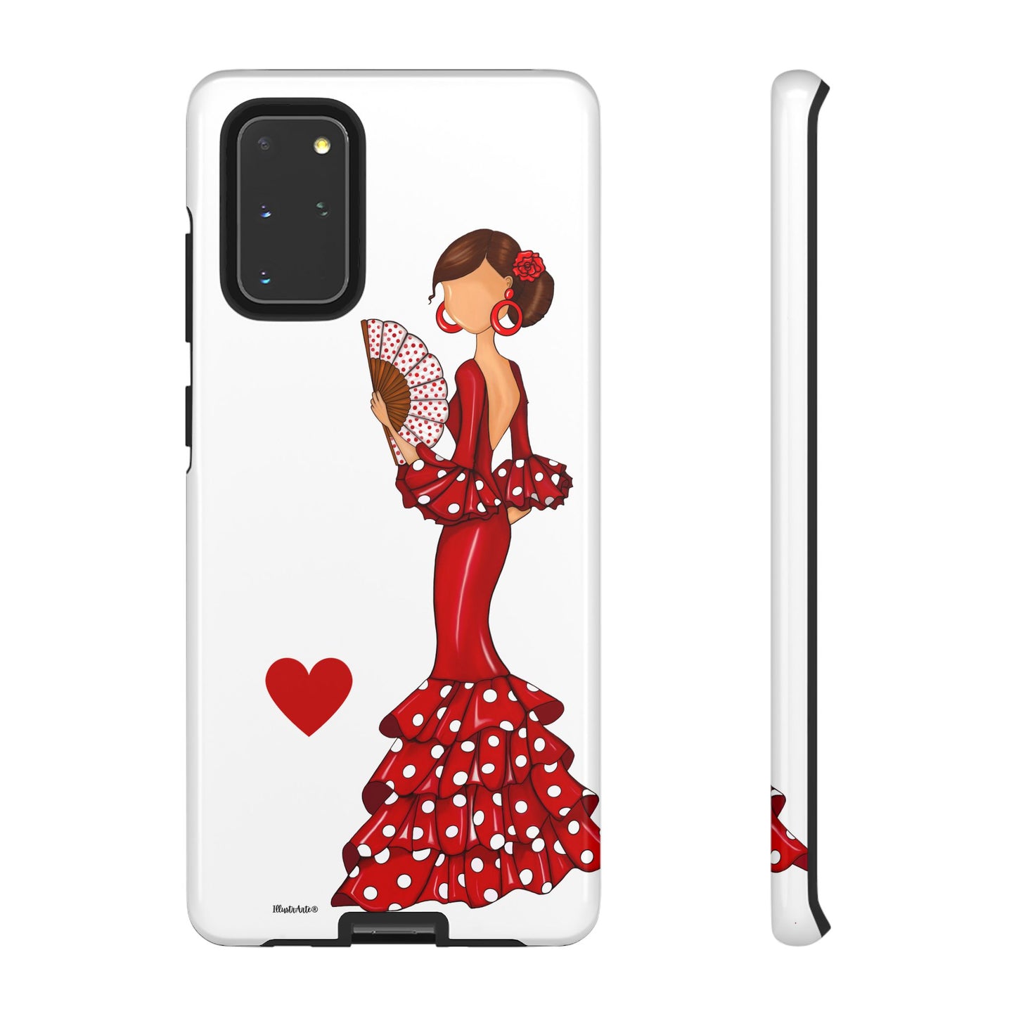 una funda de teléfono con una mujer en un vestido rojo