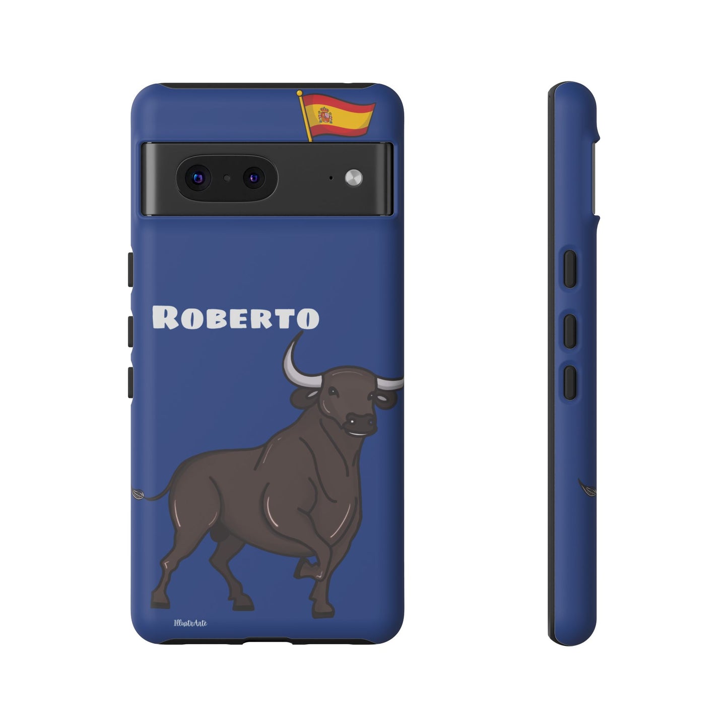 una funda de teléfono azul con un toro en ella