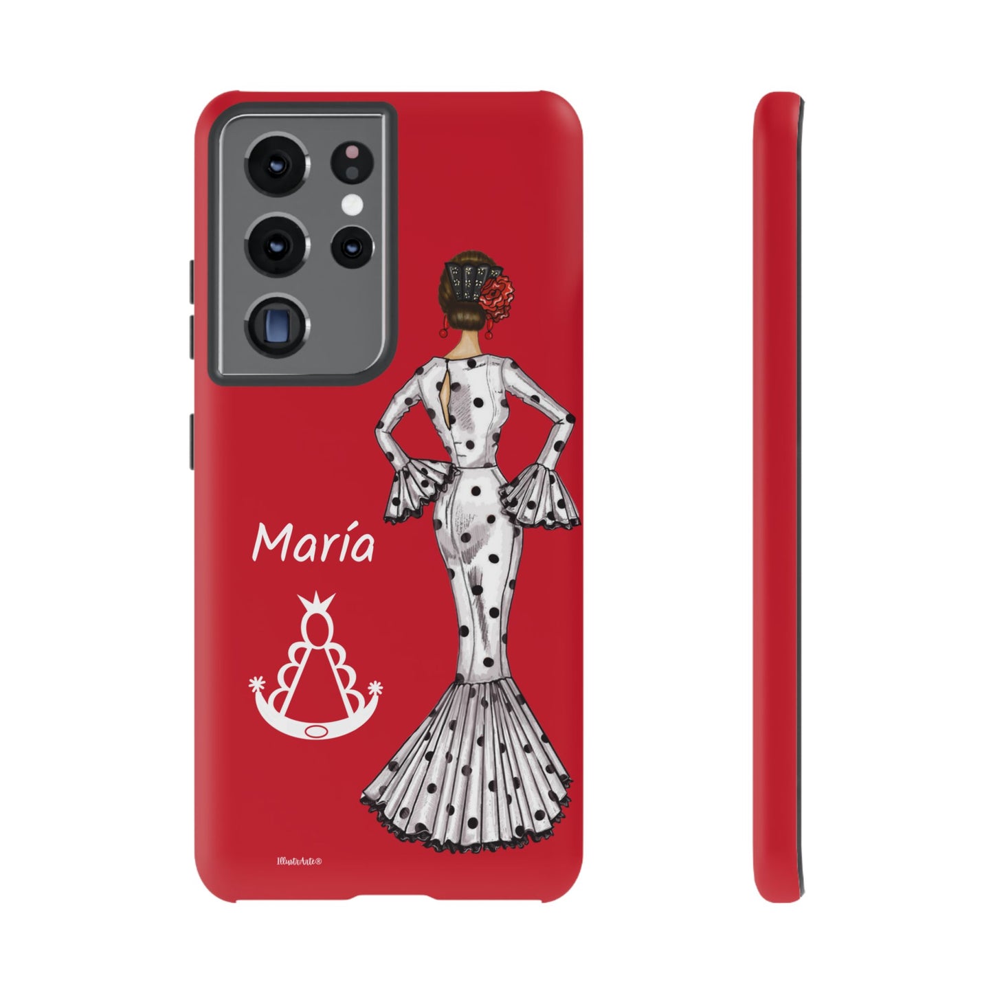 una funda de teléfono roja con una imagen de una mujer en un vestido