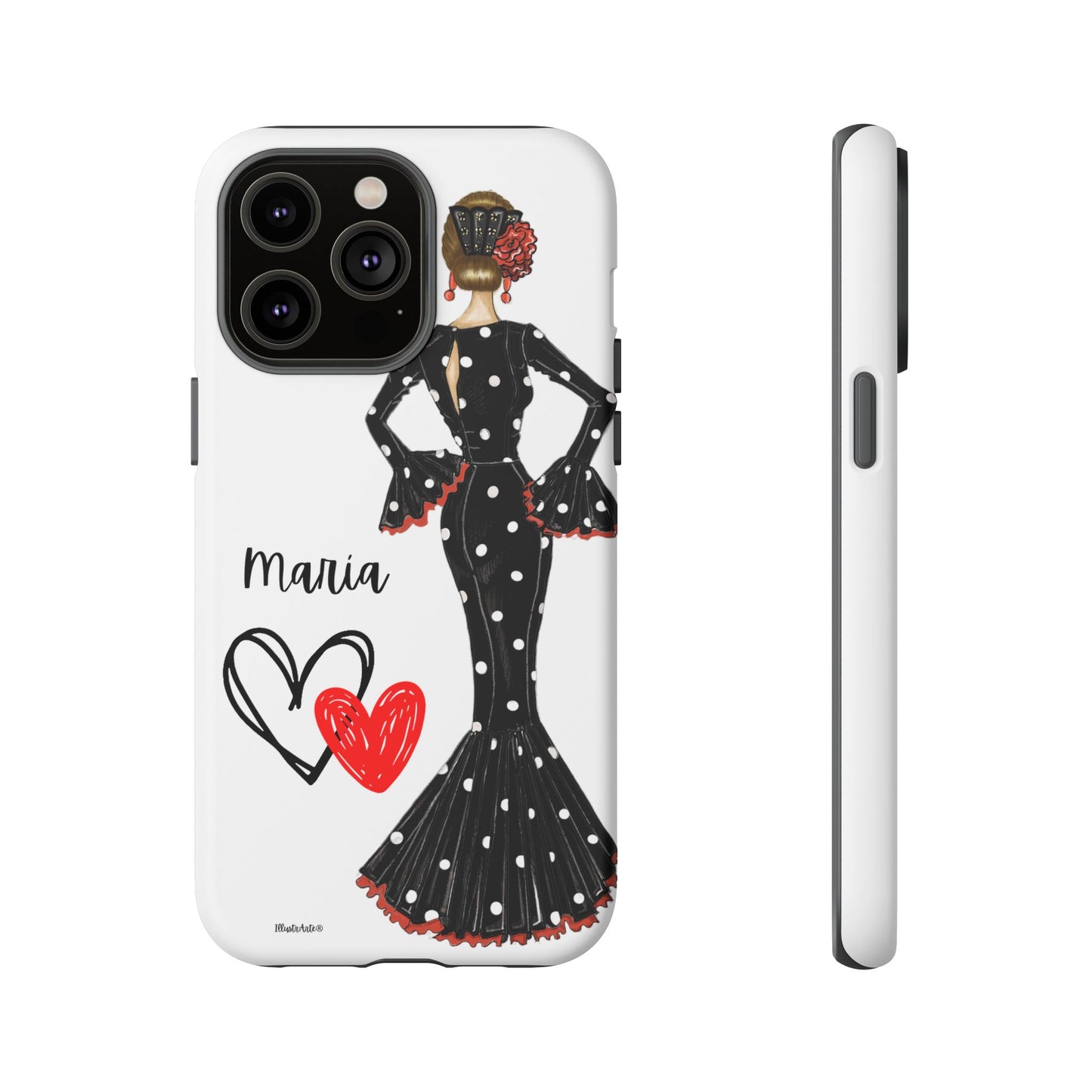 una funda para teléfono con una mujer en un vestido