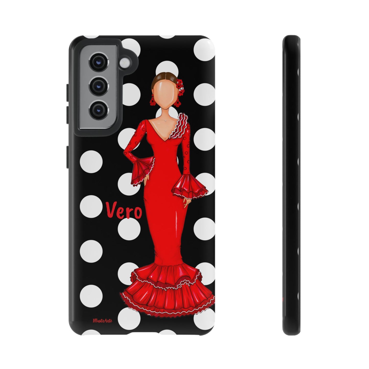 una funda para teléfono con una mujer en un vestido rojo