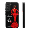 Funda de teléfono personalizable María rojo pelo oscuro fondo negro – para iPhone, Samsung, Pixel