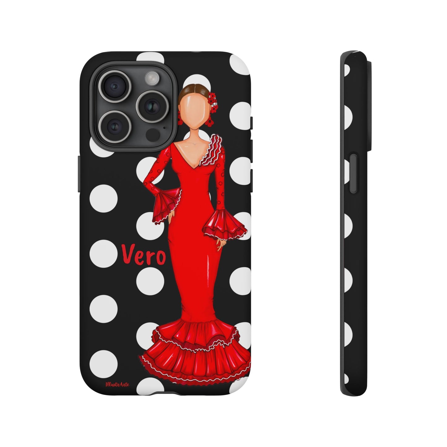 una funda de celular con una mujer en un vestido rojo