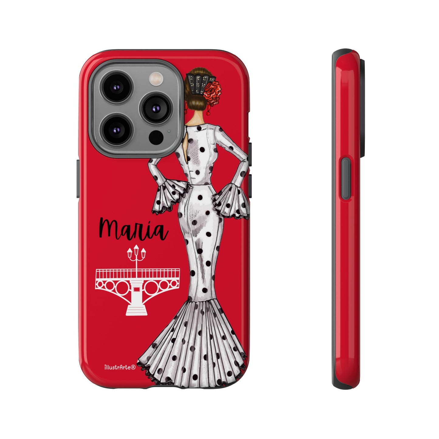 Funda de teléfono personalizada, muestra de flamenca María, ideal para iPhone, Samsung y Google Pixel.