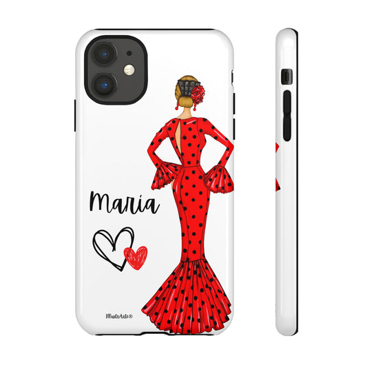 una funda de teléfono con una mujer en un vestido rojo