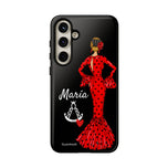 Personalised phone case flamenco dancer María, red dress, with a little Virgin Mary for Samsung Galaxy S24 Plus, gloss finish – illustrArte