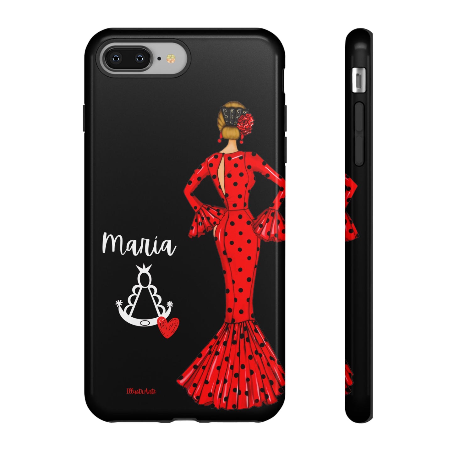 una funda de teléfono con una mujer en un vestido rojo