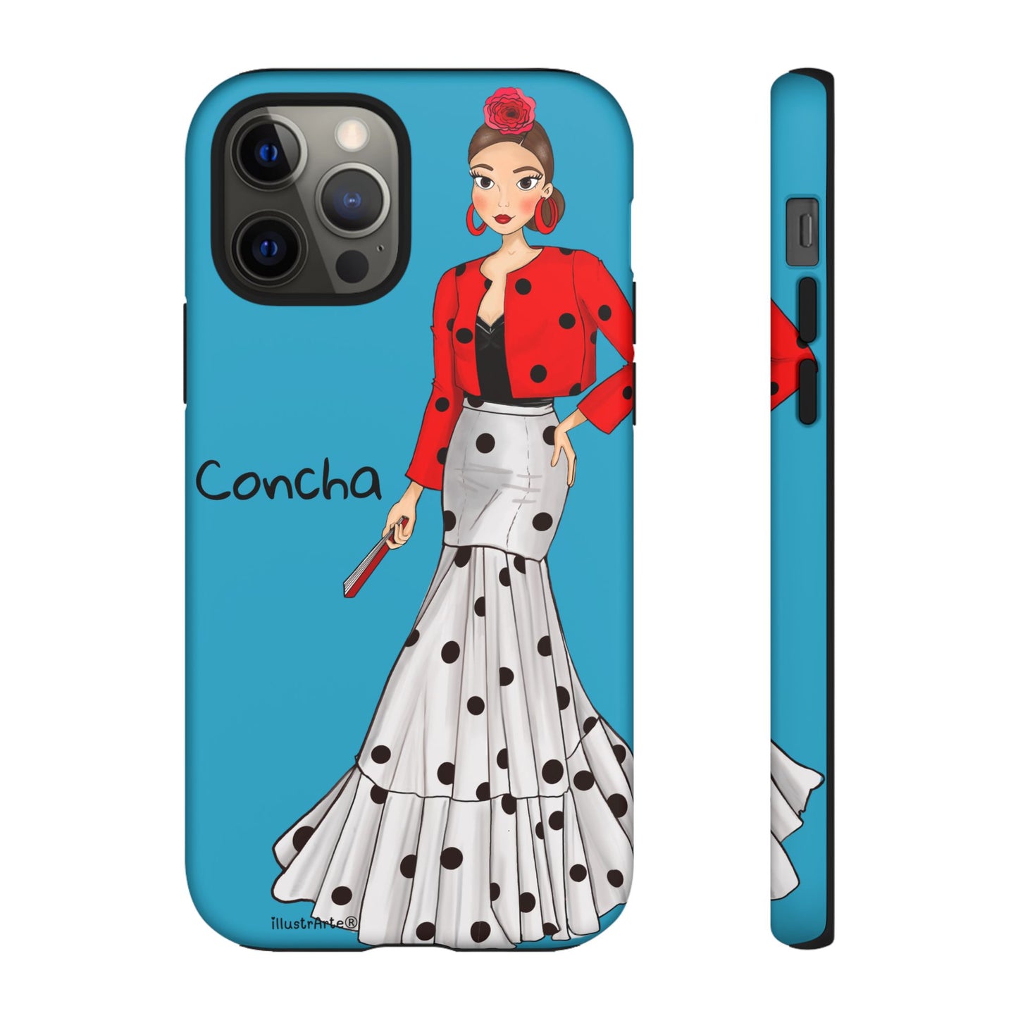 Primer plano de la funda de teléfono personalizable, Modelo Conchita fondo azul, diseñada para adaptarse a tu estilo.