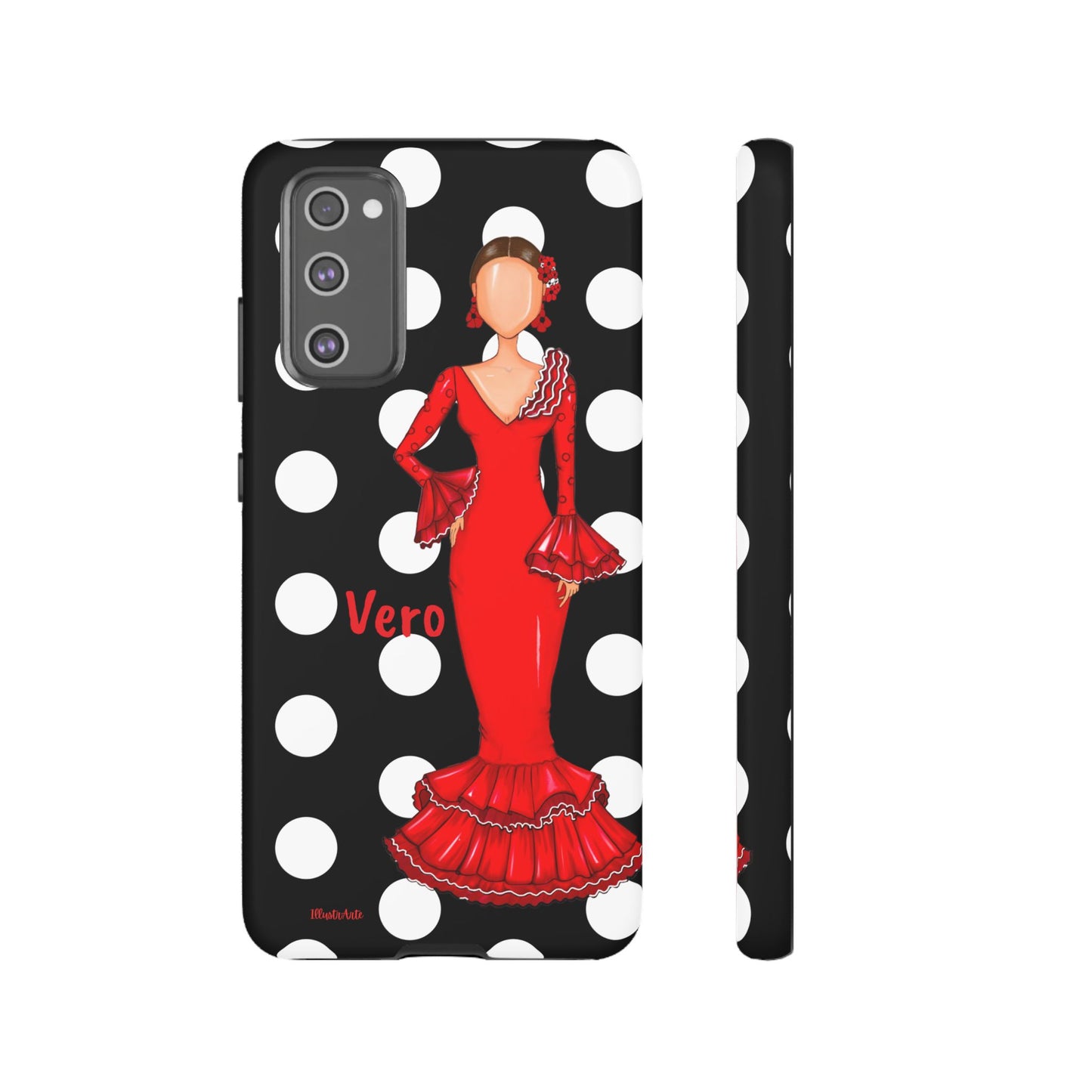 una funda para teléfono con una mujer en un vestido rojo