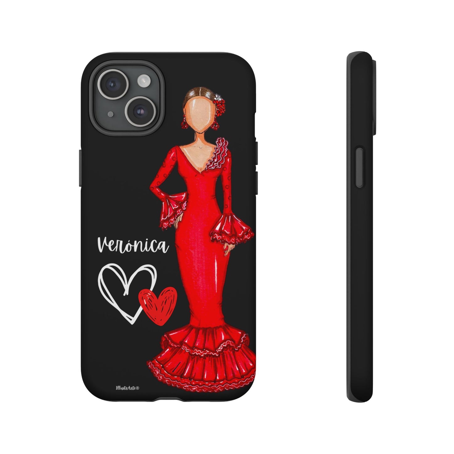 una funda de teléfono con una imagen de una mujer con un vestido rojo