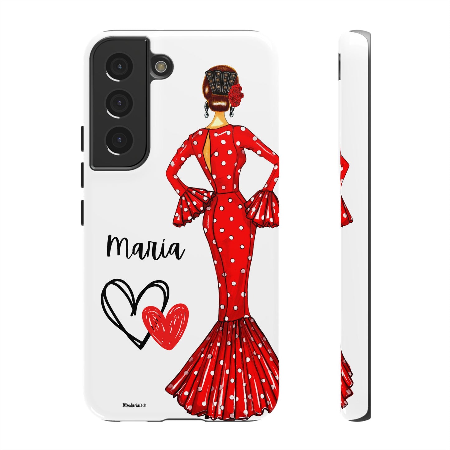 una funda de teléfono con una mujer en un vestido rojo