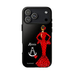 Personalised phone case flamenco dancer María, red dress, with a little Virgin Mary for iPhone 17 Pro Max, gloss finish – illustrArte