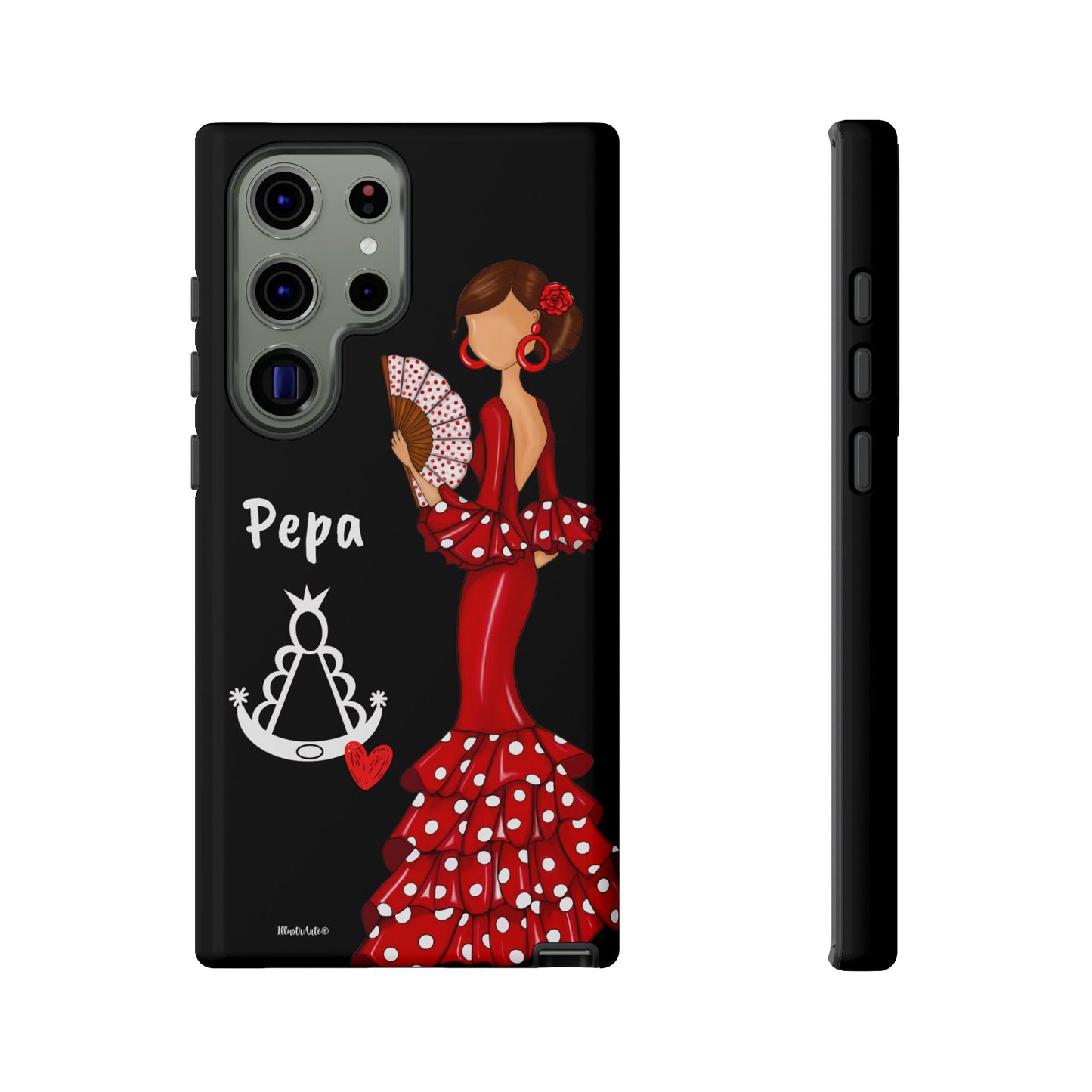 Personalized Pepa phone case on a black background with the Virgin Mary – for iPhone, Samsung, Pixel