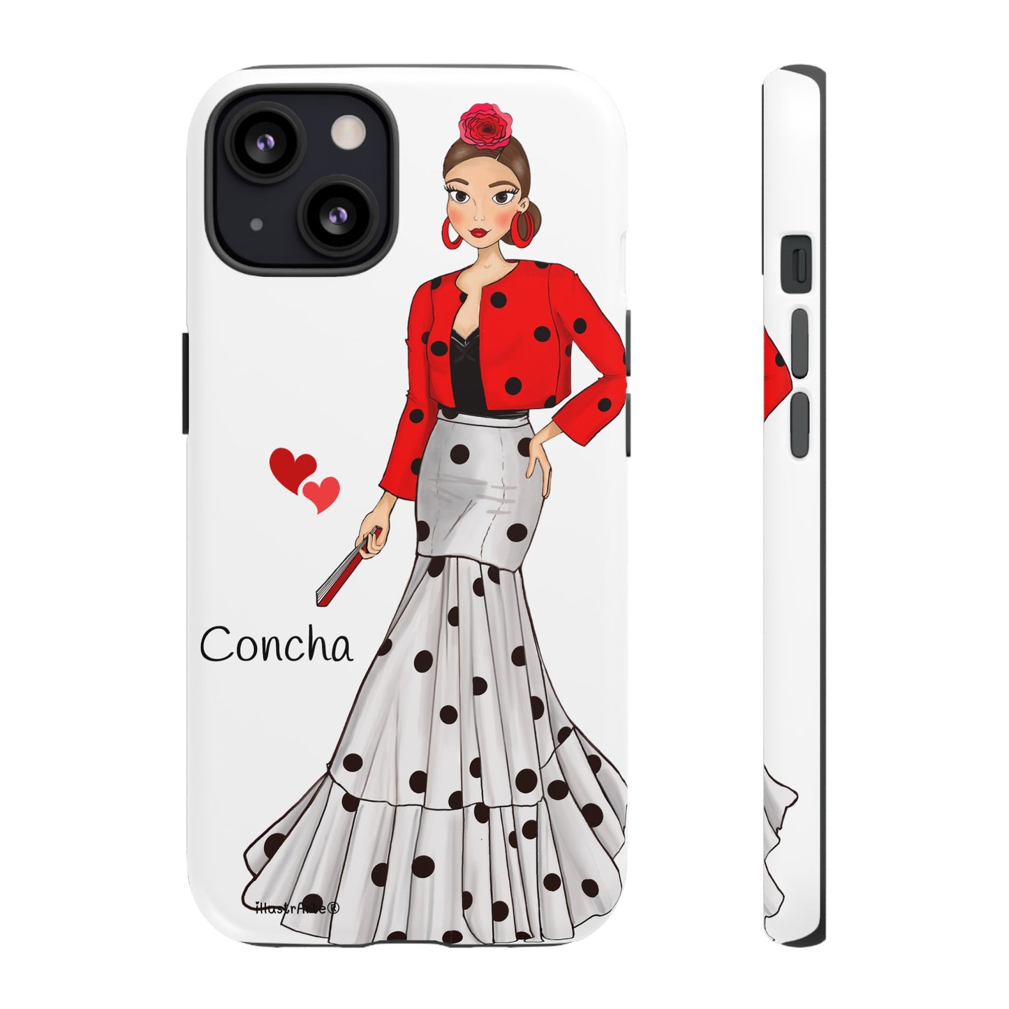 Fondo blanco de la funda de teléfono personalizable modelo Conchita destacando su diseño único y estilo personalizable.