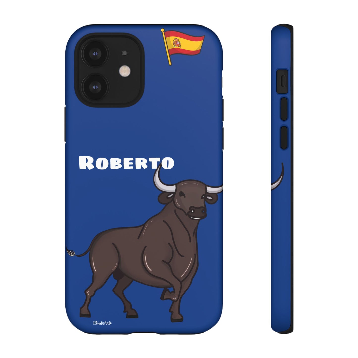 Funda de teléfono personalizable con nombre/bandera/Virgen - Modelo Toro Roberto, una expresión auténtica de la cultura española.