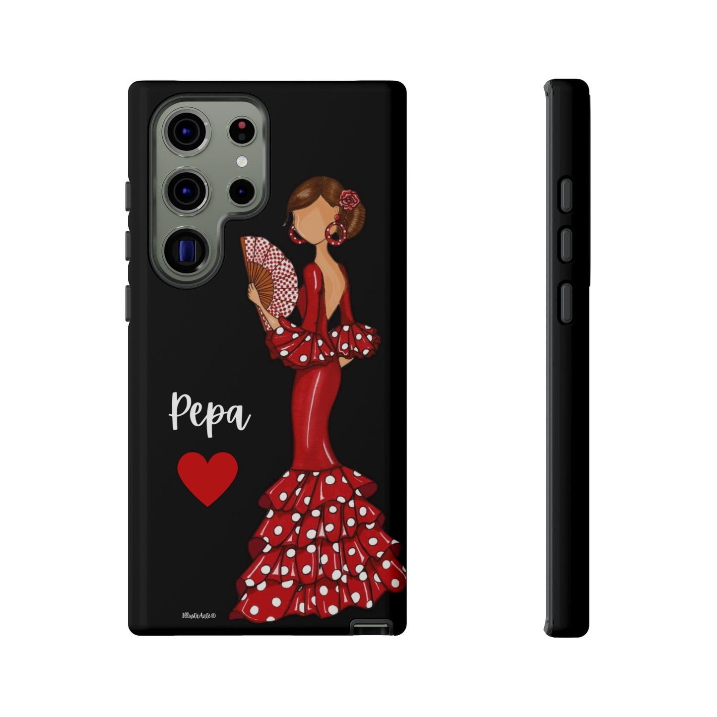 una funda de teléfono con una mujer en un vestido rojo sosteniendo un abanico