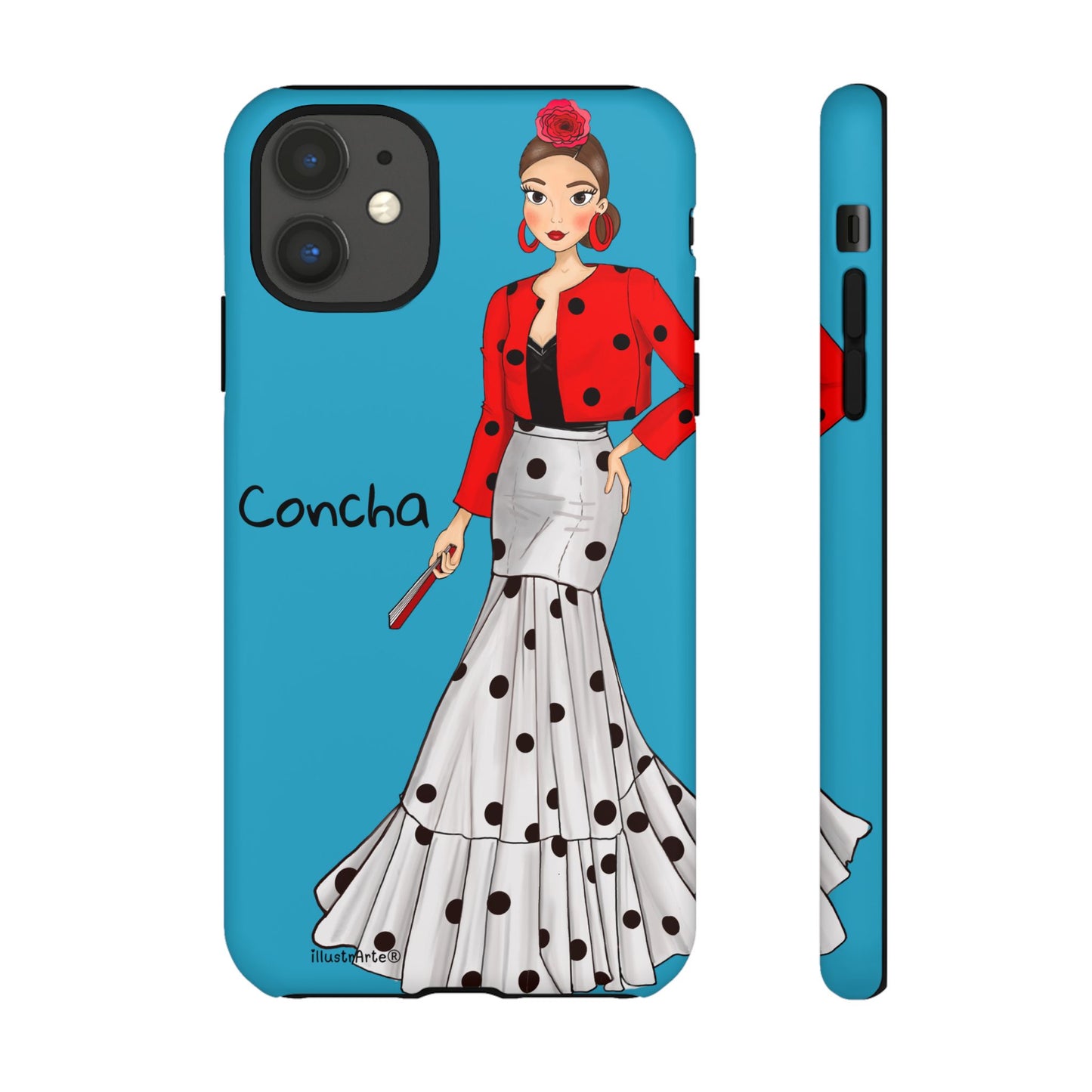 Funda de teléfono personalizable con nombre y diseño de la Virgen - Modelo Conchita fondo azul, perfecta para Google Pixel.