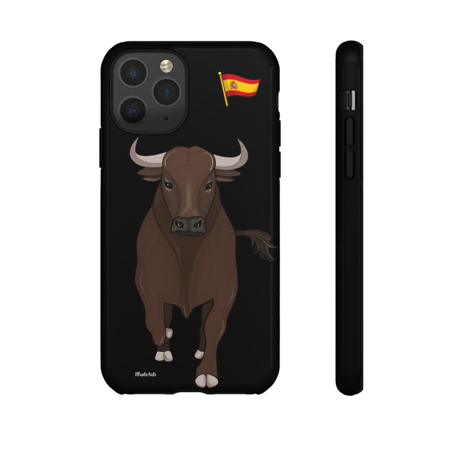 Funda de teléfono personalizable toro Manuel con detalles que reflejan la cultura española.