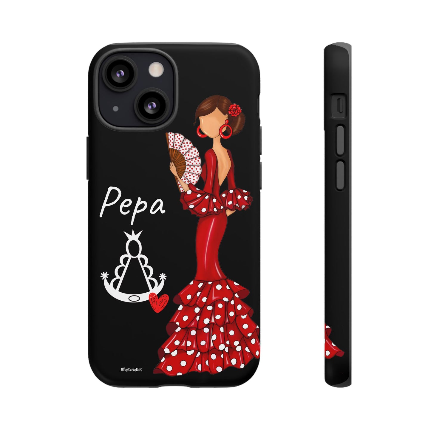 una funda de teléfono con una mujer en un vestido rojo