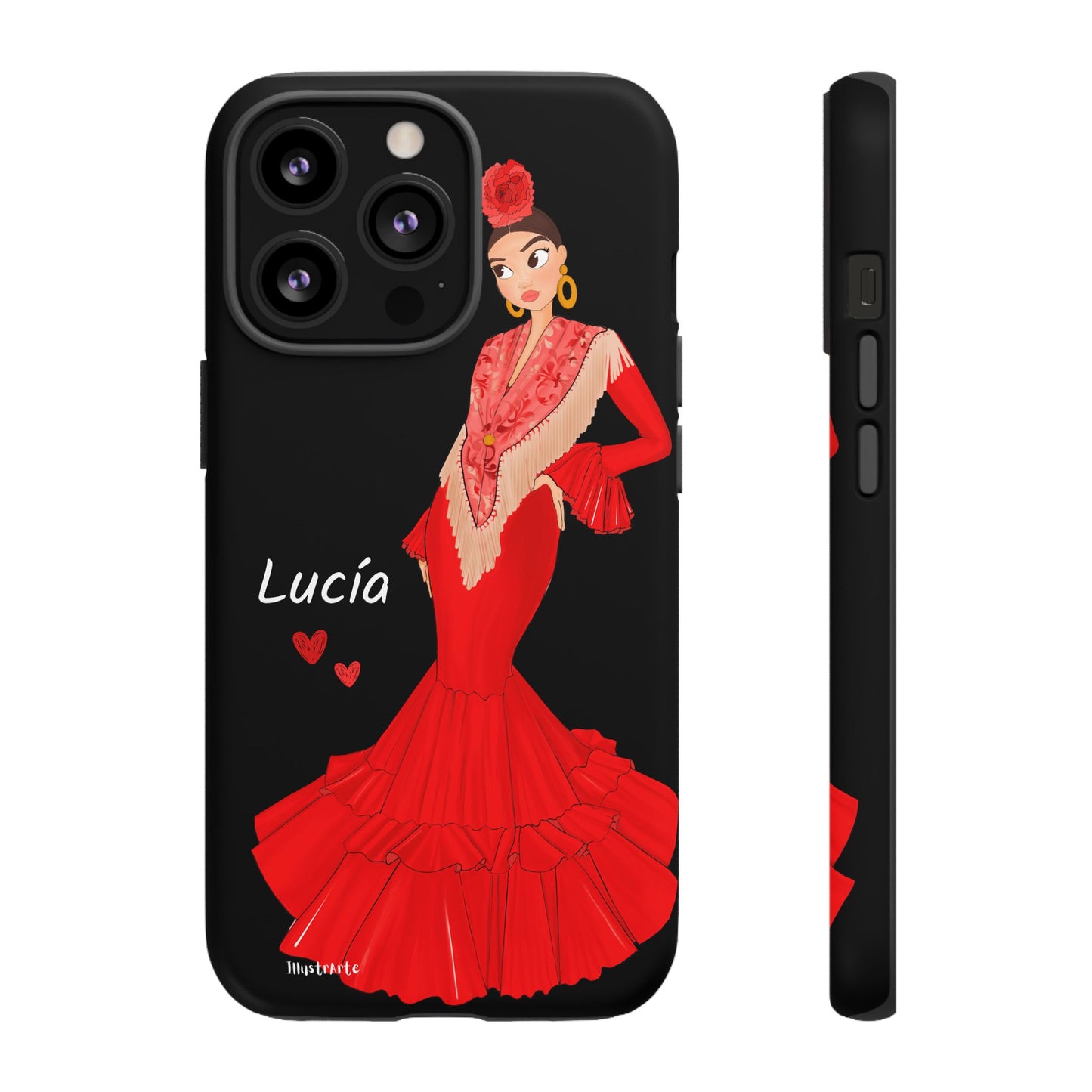 una funda de teléfono con una mujer en un vestido rojo