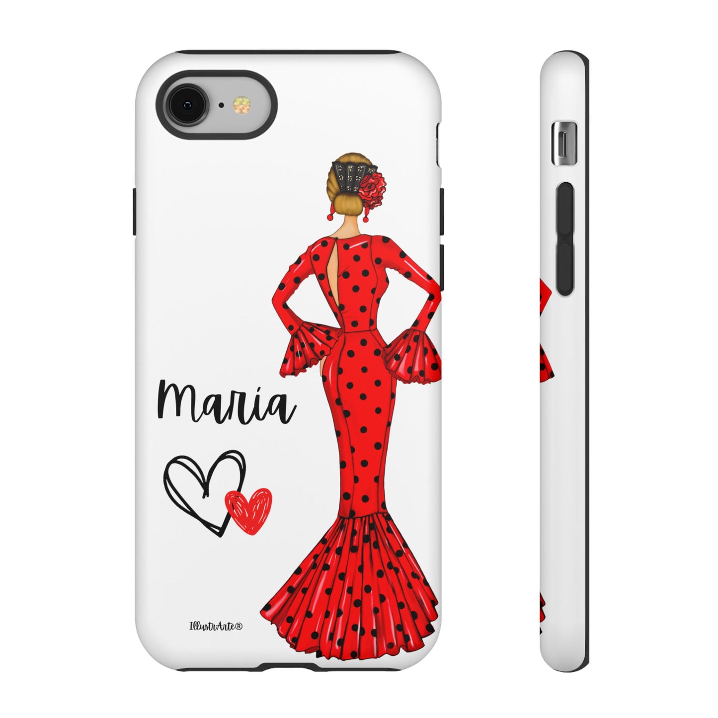 una funda de teléfono con una mujer en un vestido rojo