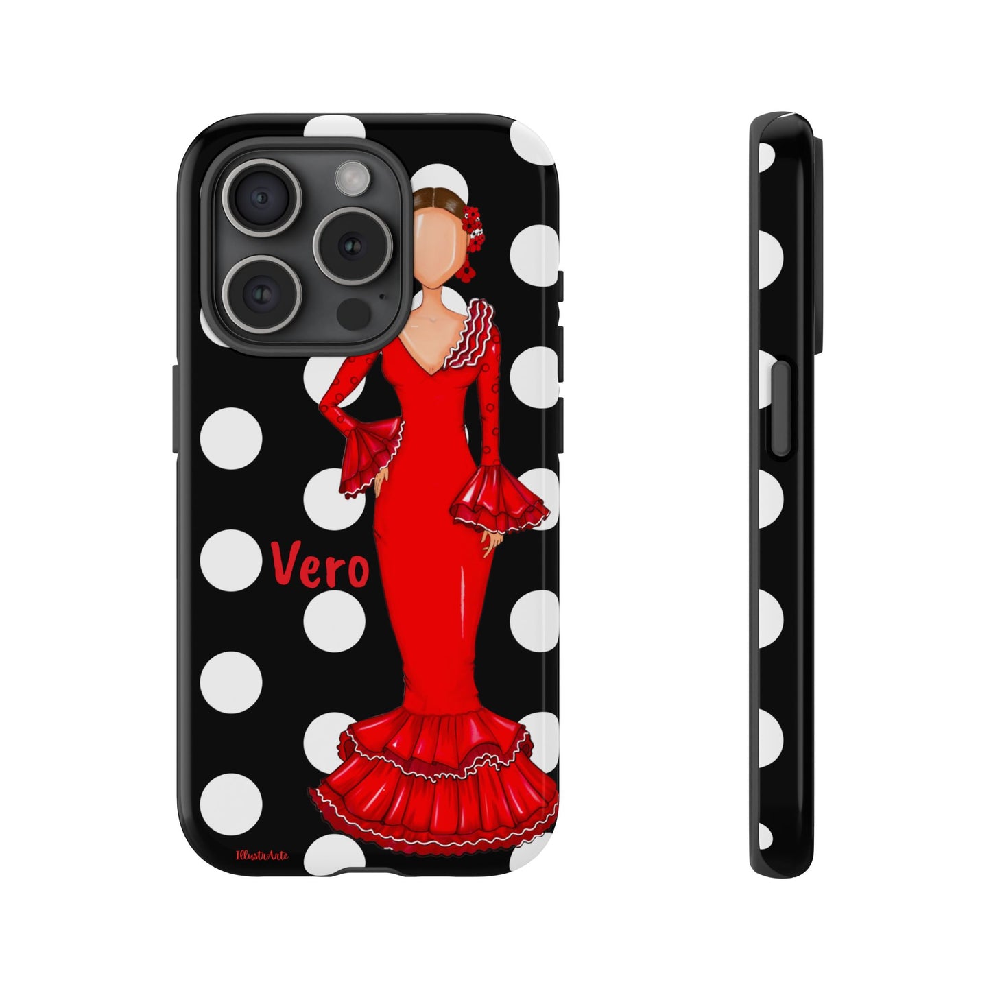 una funda de celular con una mujer en un vestido rojo