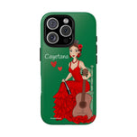 Personalised phone case flamenco dancer Cayetana, green background for iPhone 16 Pro, gloss finish – illustrArte