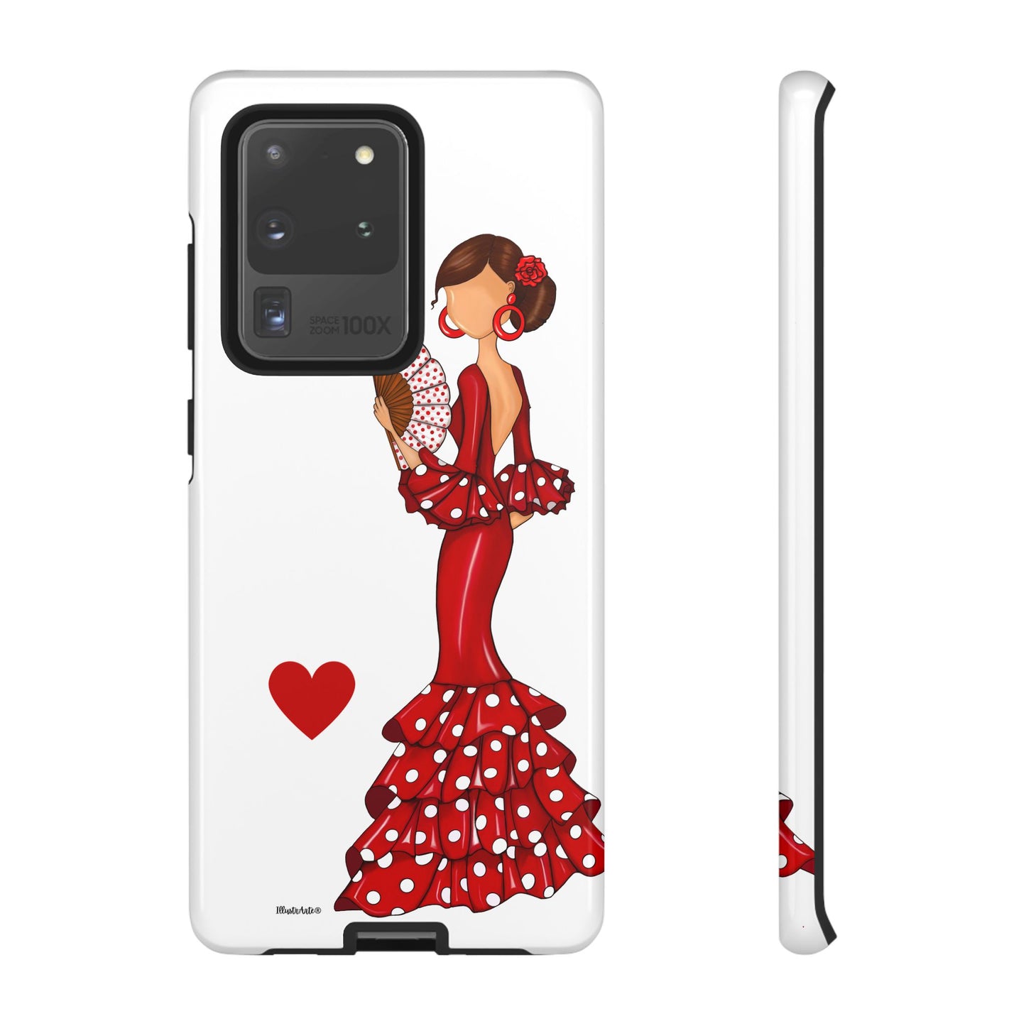 una funda de teléfono con una mujer en un vestido rojo sosteniendo un corazón