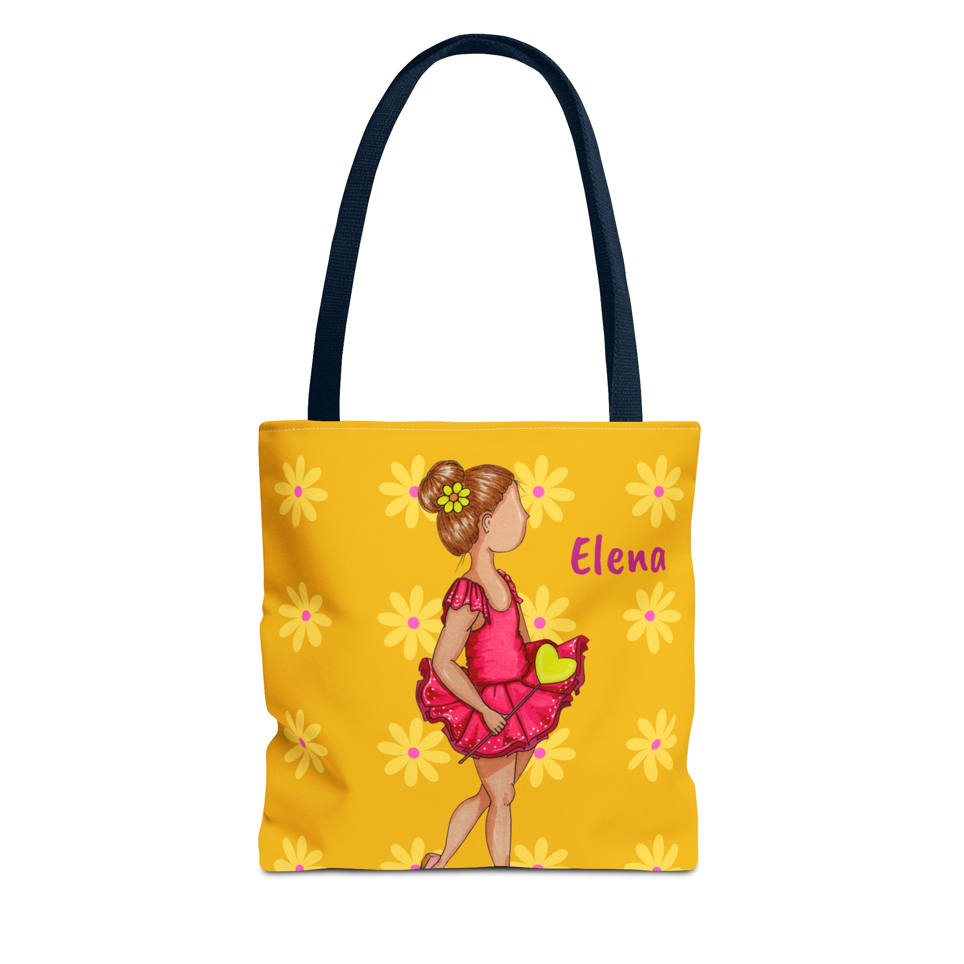 a yellow tote bag with a girl in a pink dress holding a green apple