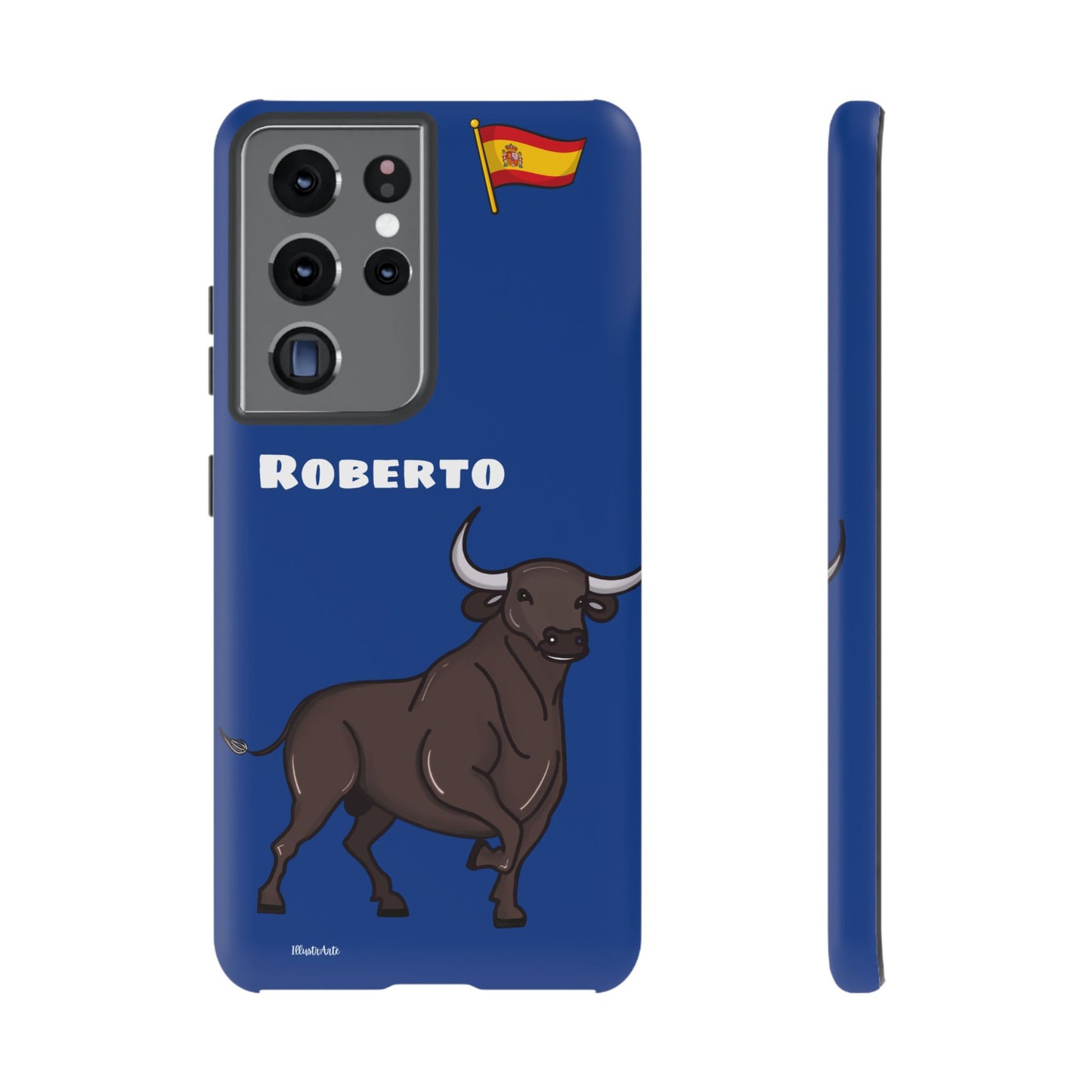 una funda de teléfono azul con un toro en ella