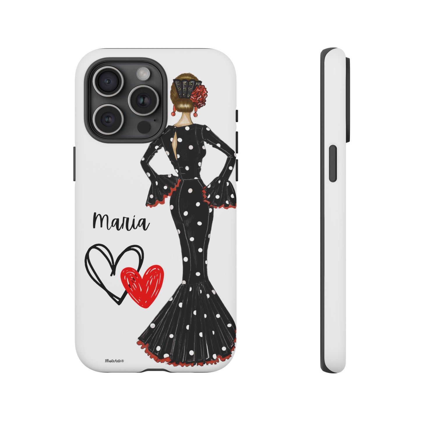 una funda para teléfono con una mujer en un vestido negro