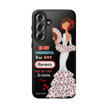 Personalised phone case flamenco dancer Pepa, white dress, with quote for Samsung Galaxy S25 Plus, gloss finish – illustrArte