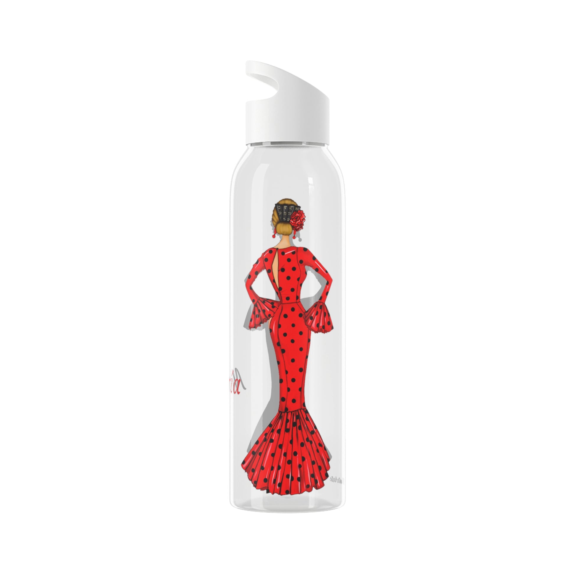 una botella de agua con una imagen de una mujer vestida de rojo