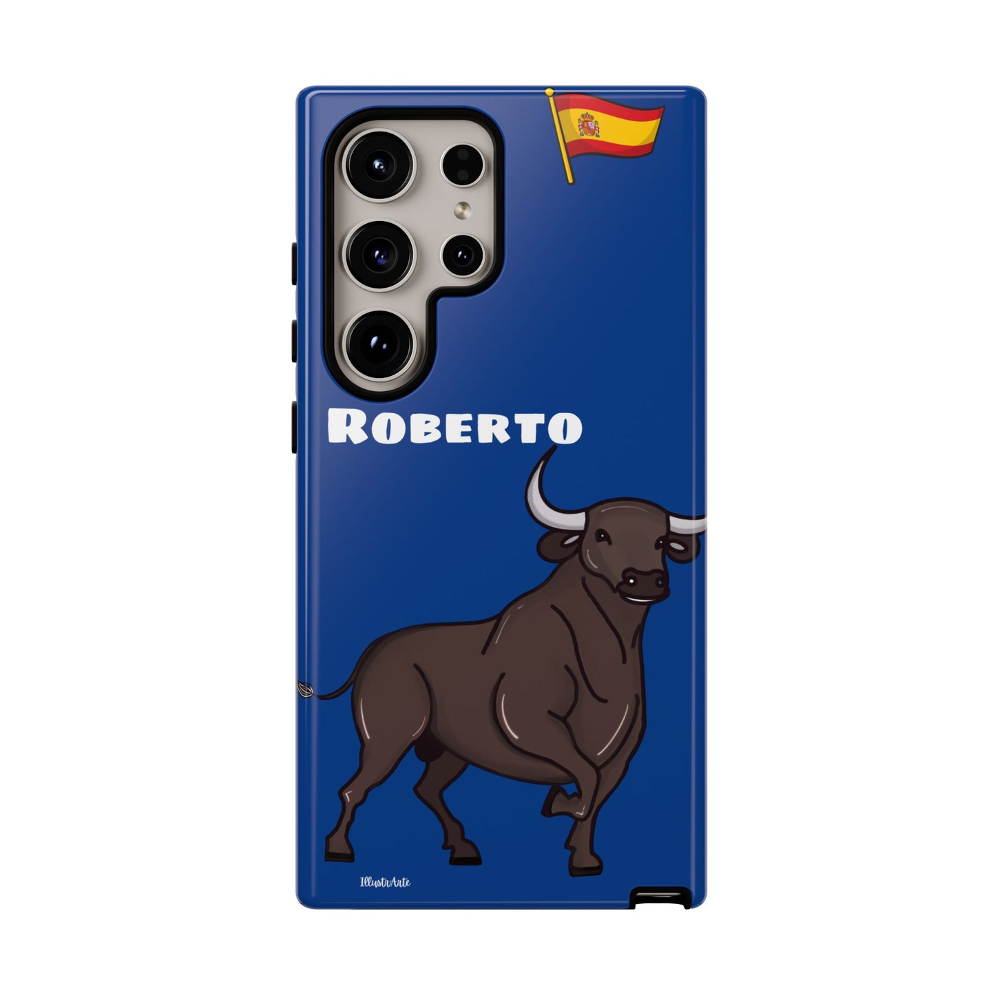 una funda de teléfono azul con un toro en ella