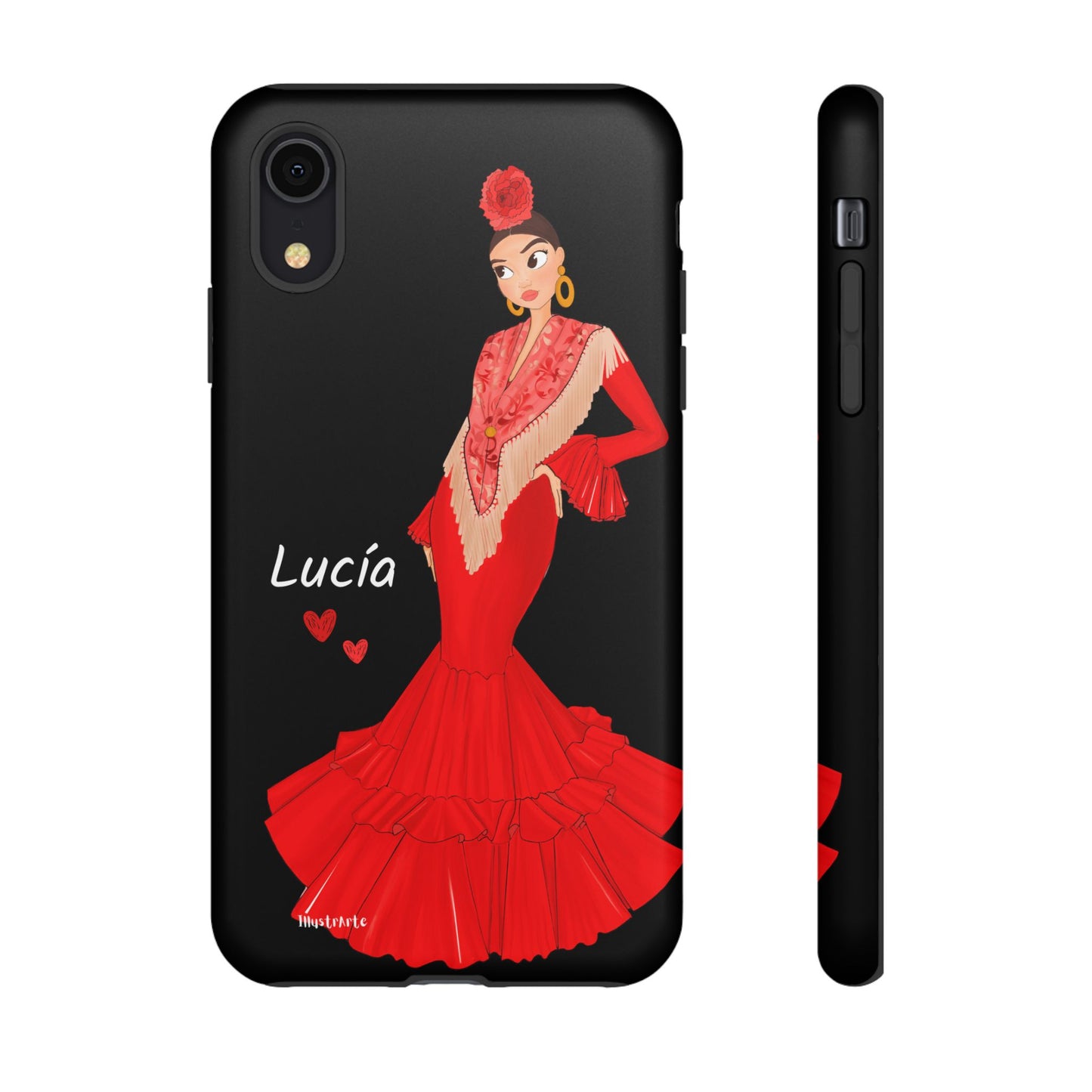 una funda de teléfono con una mujer en un vestido rojo