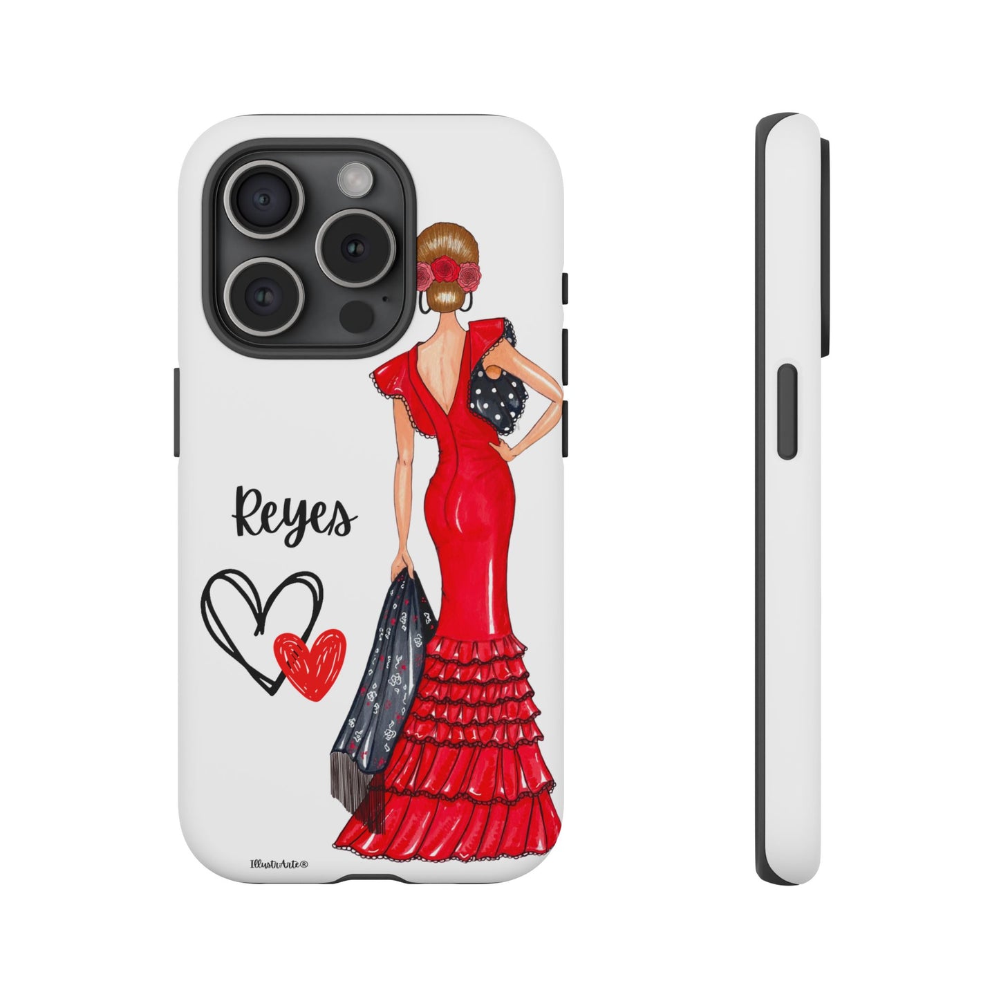 una funda de teléfono con una mujer en un vestido rojo