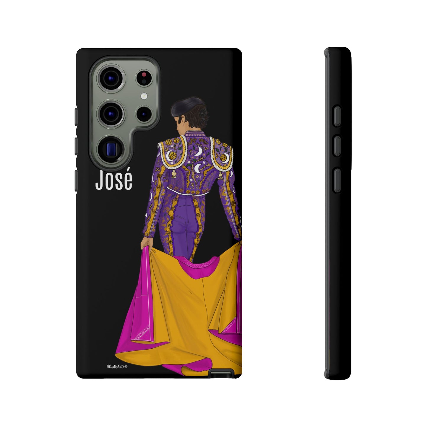 una funda de teléfono con una imagen de una mujer en un traje morado y amarillo