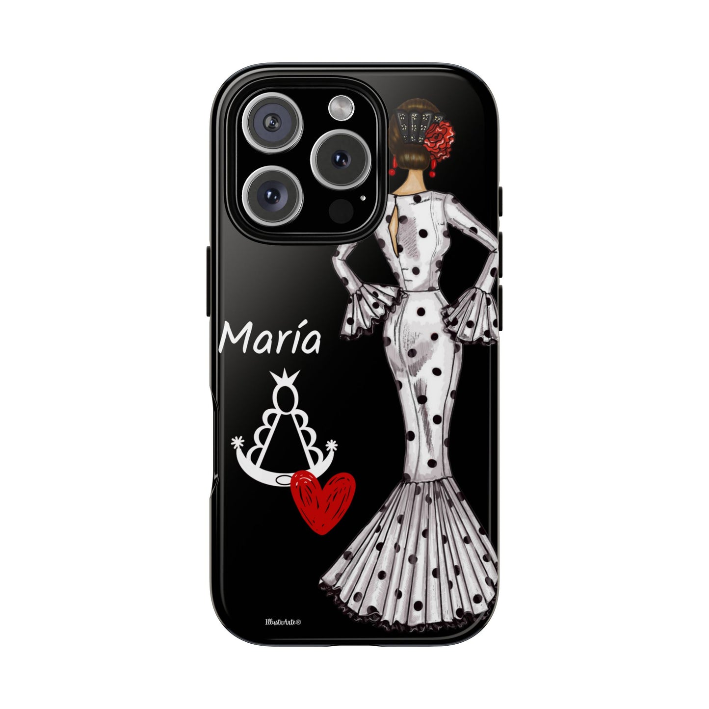 una funda de teléfono en blanco y negro con una mujer en un vestido de lunares