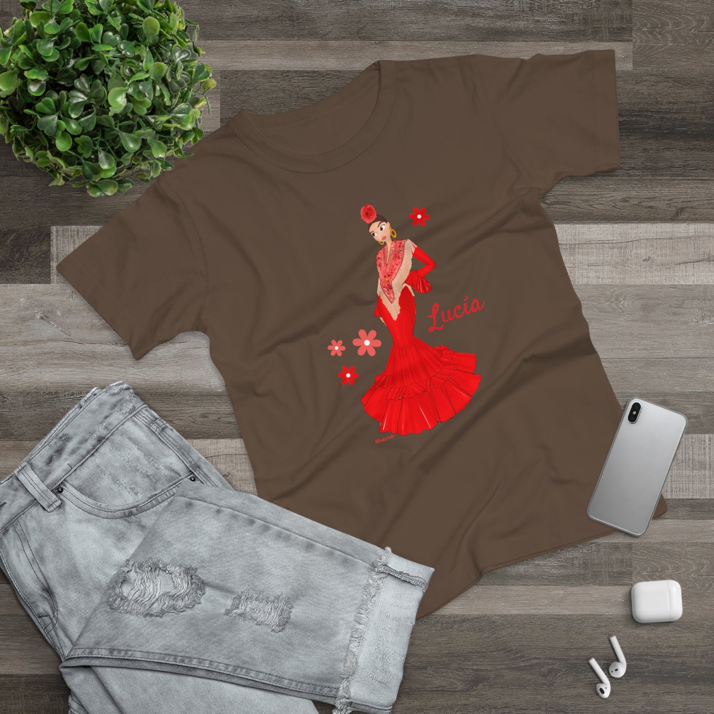 a t - shirt with a picture of a woman in a red dress