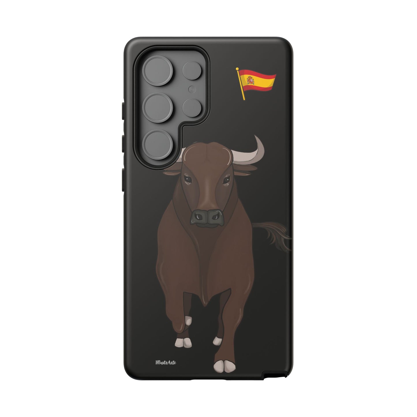 Funda de teléfono personalizable modelo toro Manuel en ambiente acogedor.
