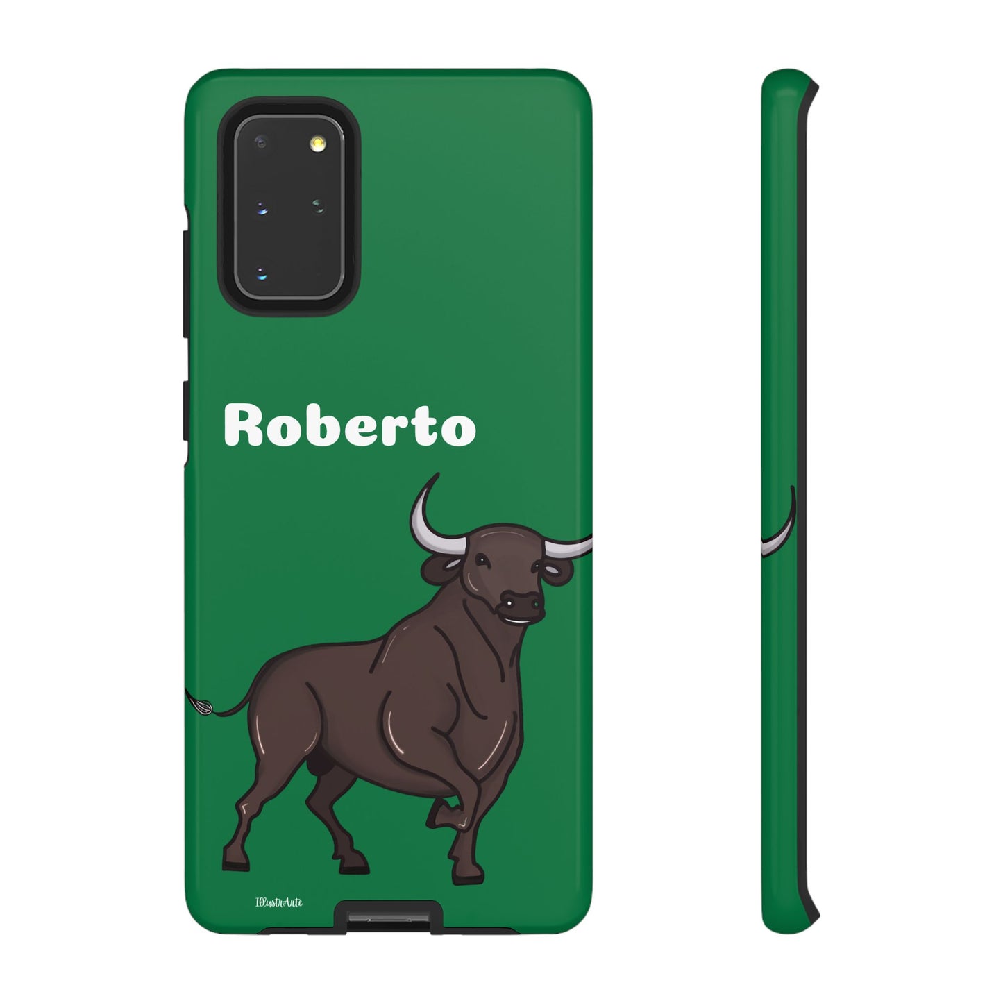 una funda de teléfono verde con un toro en ella