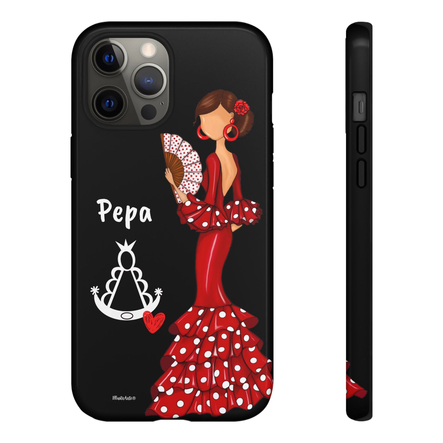 Personalized Pepa phone case on a black background with the Virgin Mary – for iPhone, Samsung, Pixel