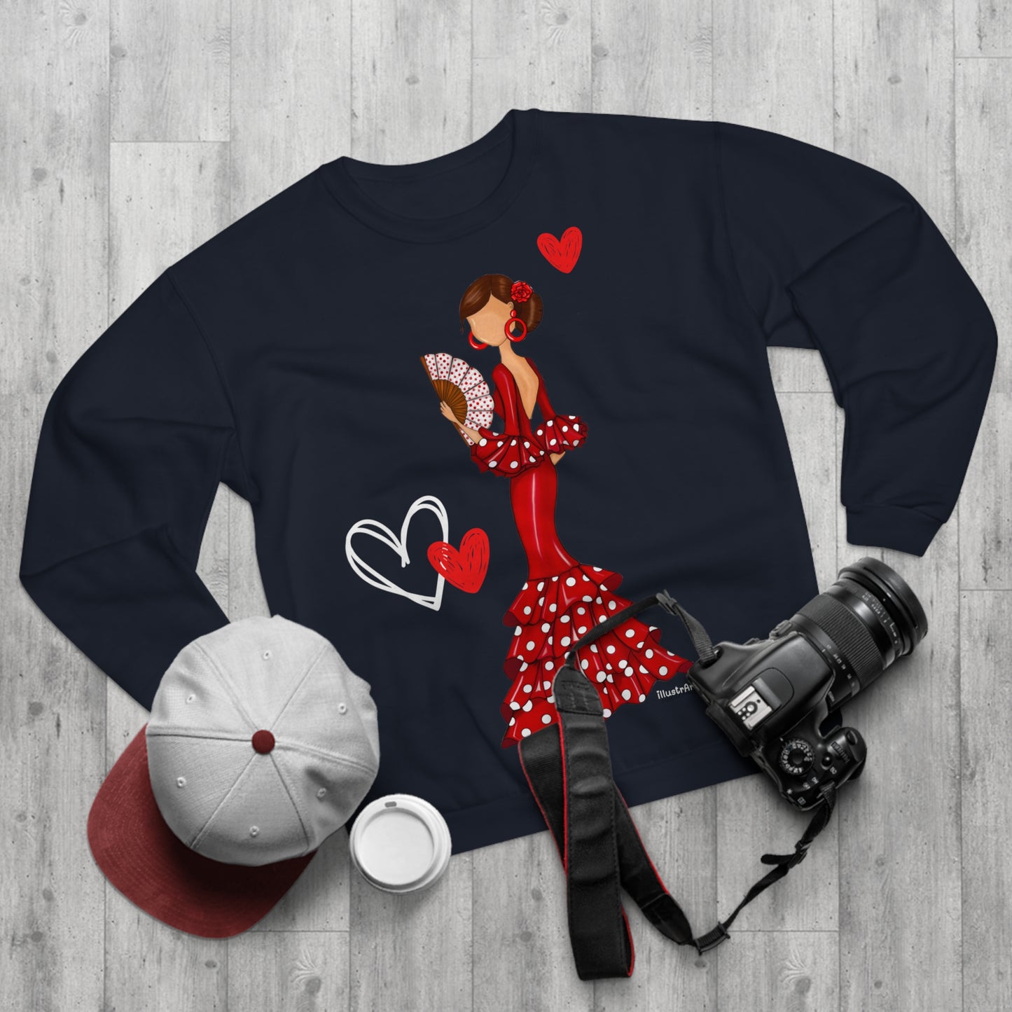 NUEVO  Flamenco lovers white Crewneck Sweatshirt, beautiful flamenco dancer in a pink dress with hearts.