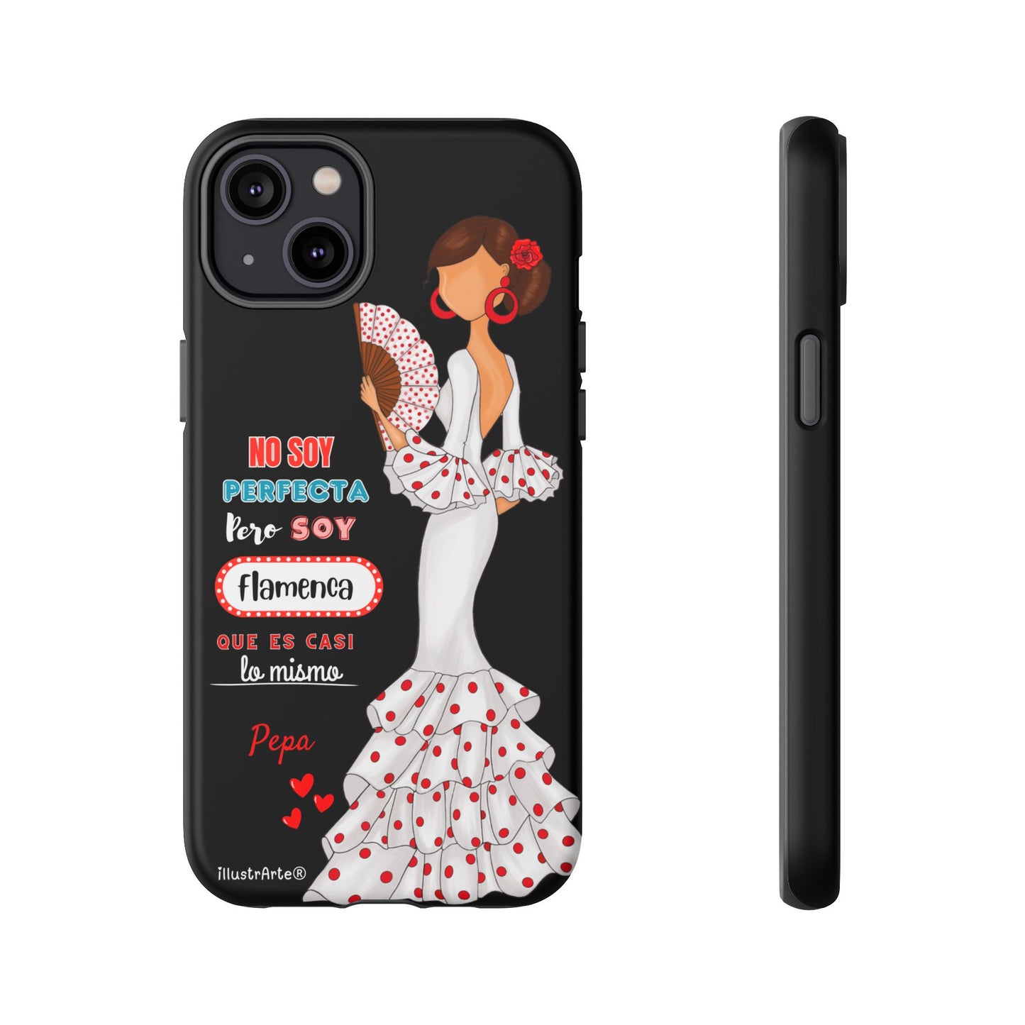Funda de teléfono personalizable Pepa vestido blanco con frase – para iPhone, Samsung, Pixel