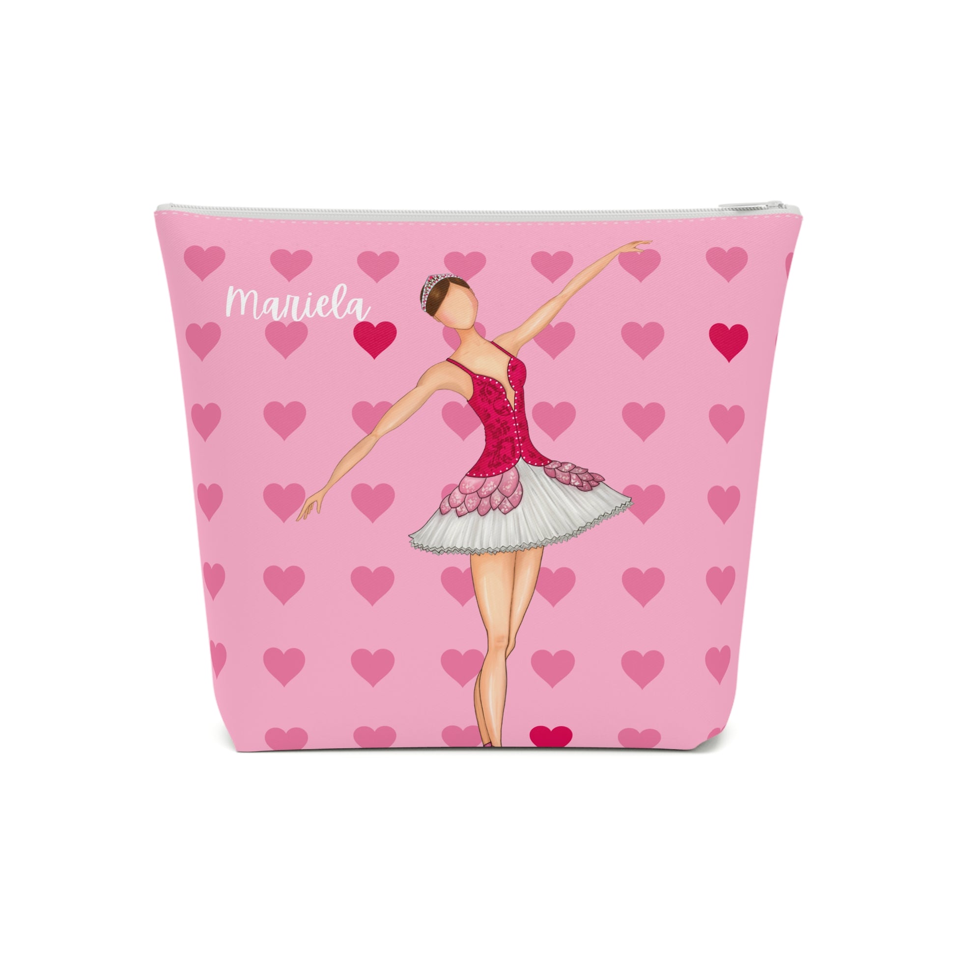 una bolsa cosmética rosa con una imagen de una bailarina