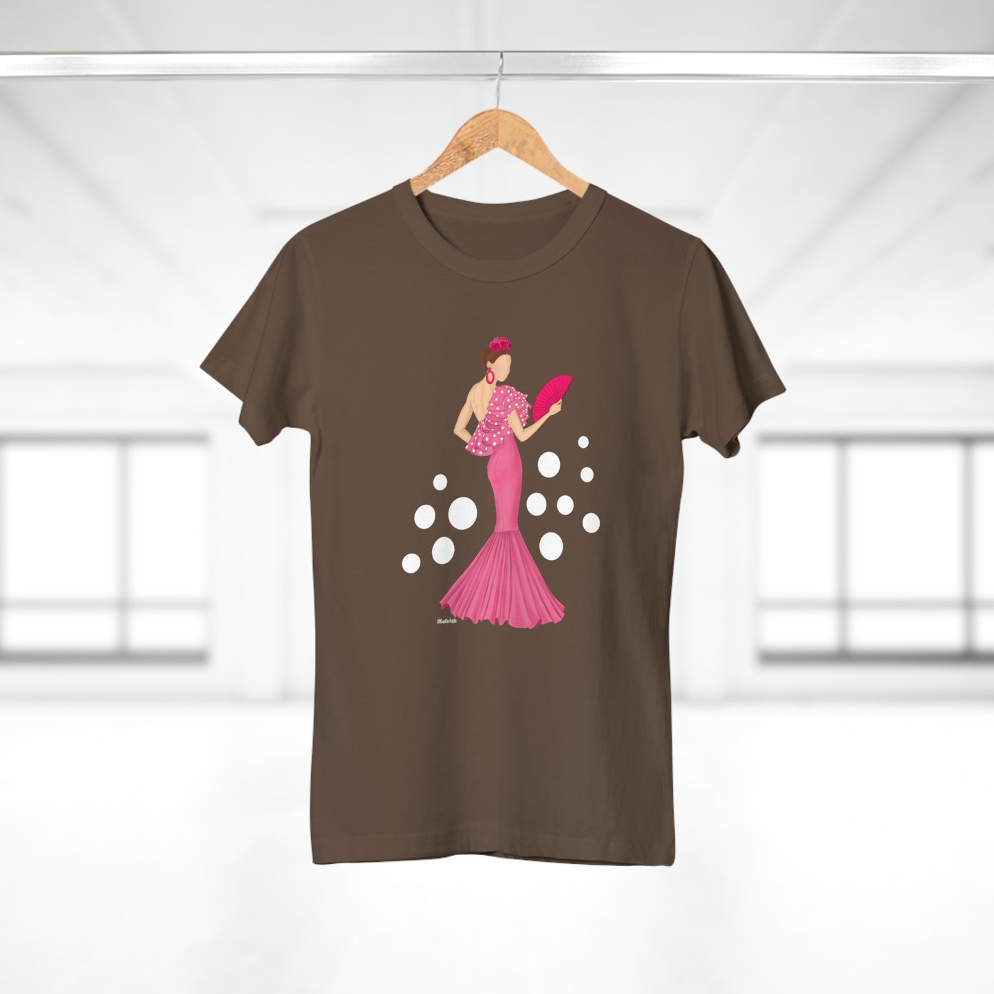 a t - shirt with a woman in a pink dress