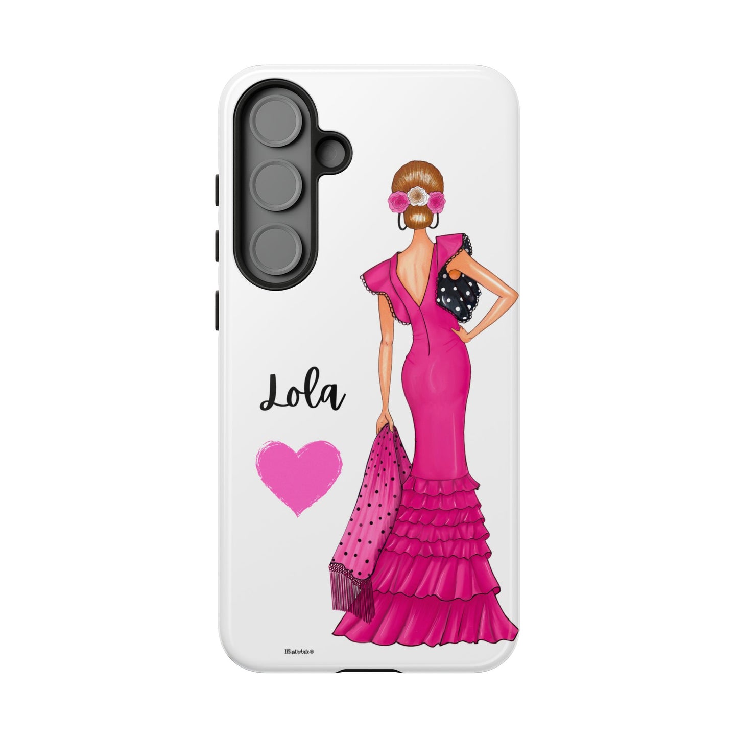 Funda de teléfono personalizable con nombre/bandera/Virgen - Modelo Manuela vestido rosa admitiendo un toque especial.