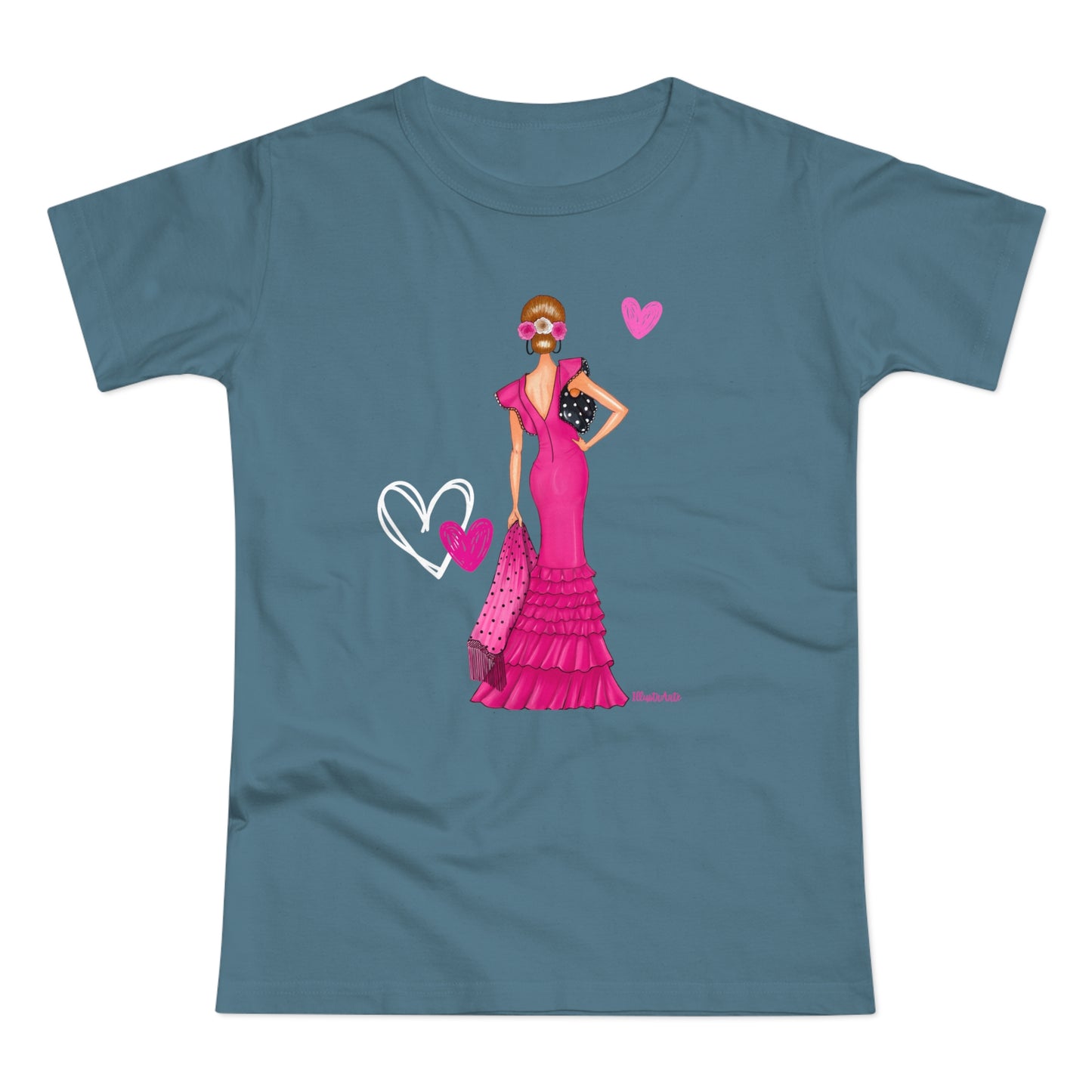 a women's t - shirt with a woman in a pink dress holding a