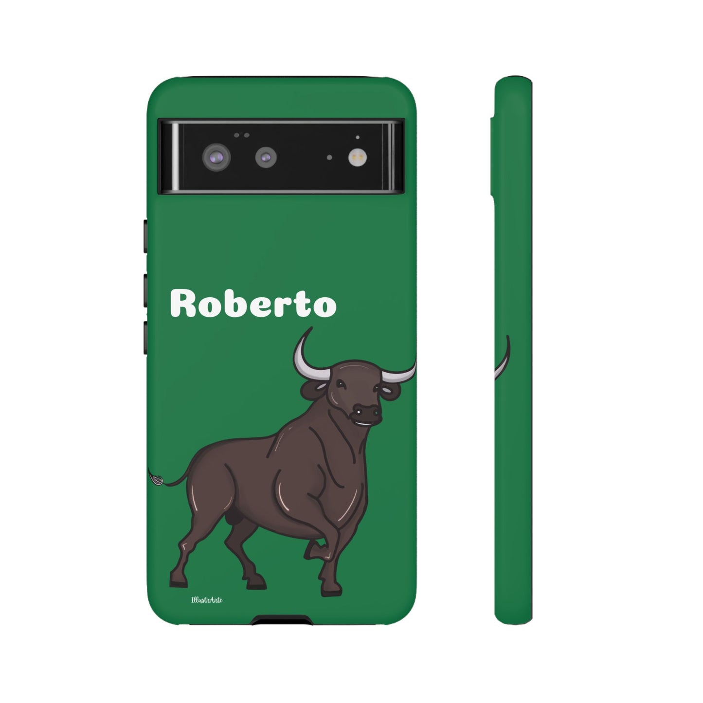 una funda de teléfono verde con un toro en ella