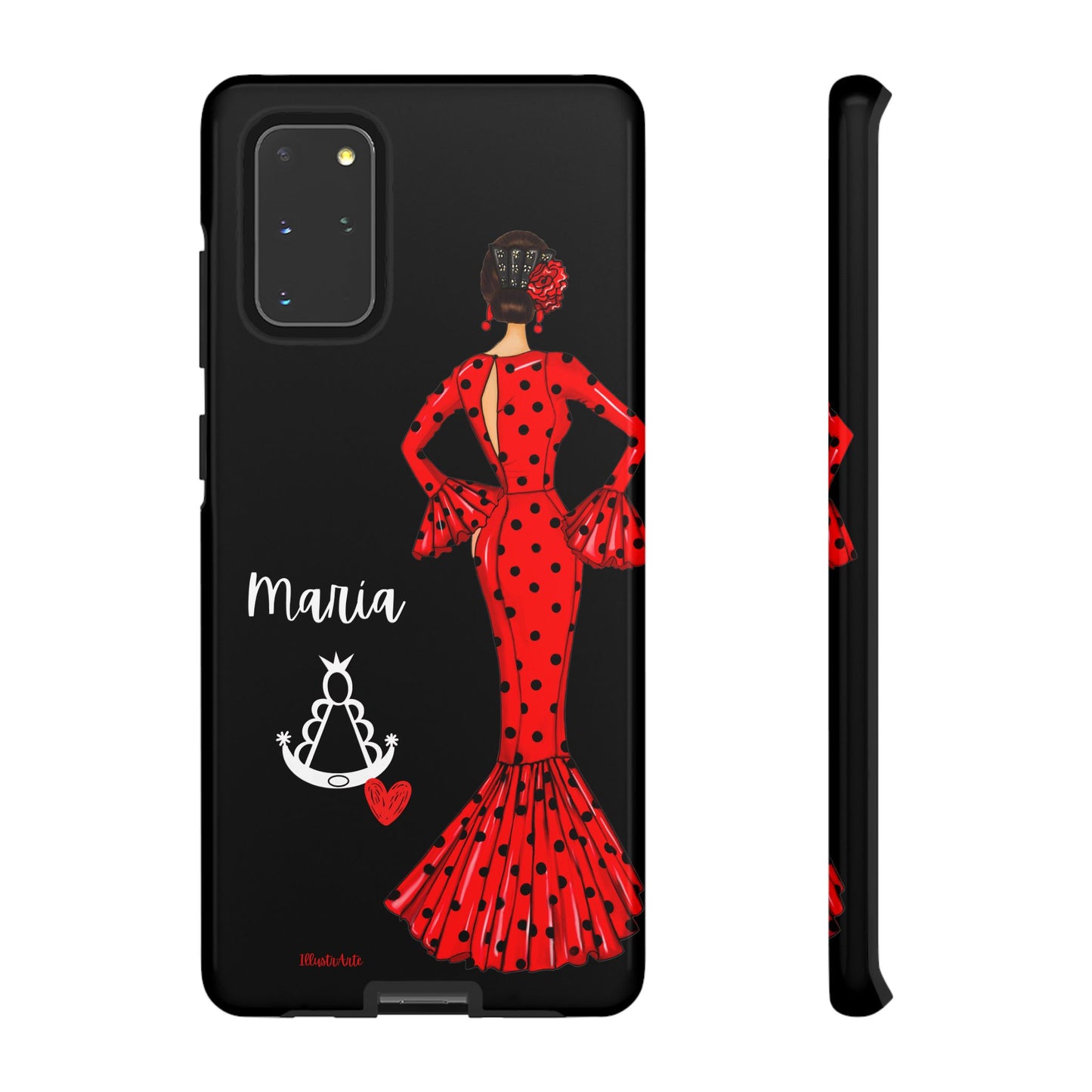 una funda de teléfono con una mujer en un vestido rojo